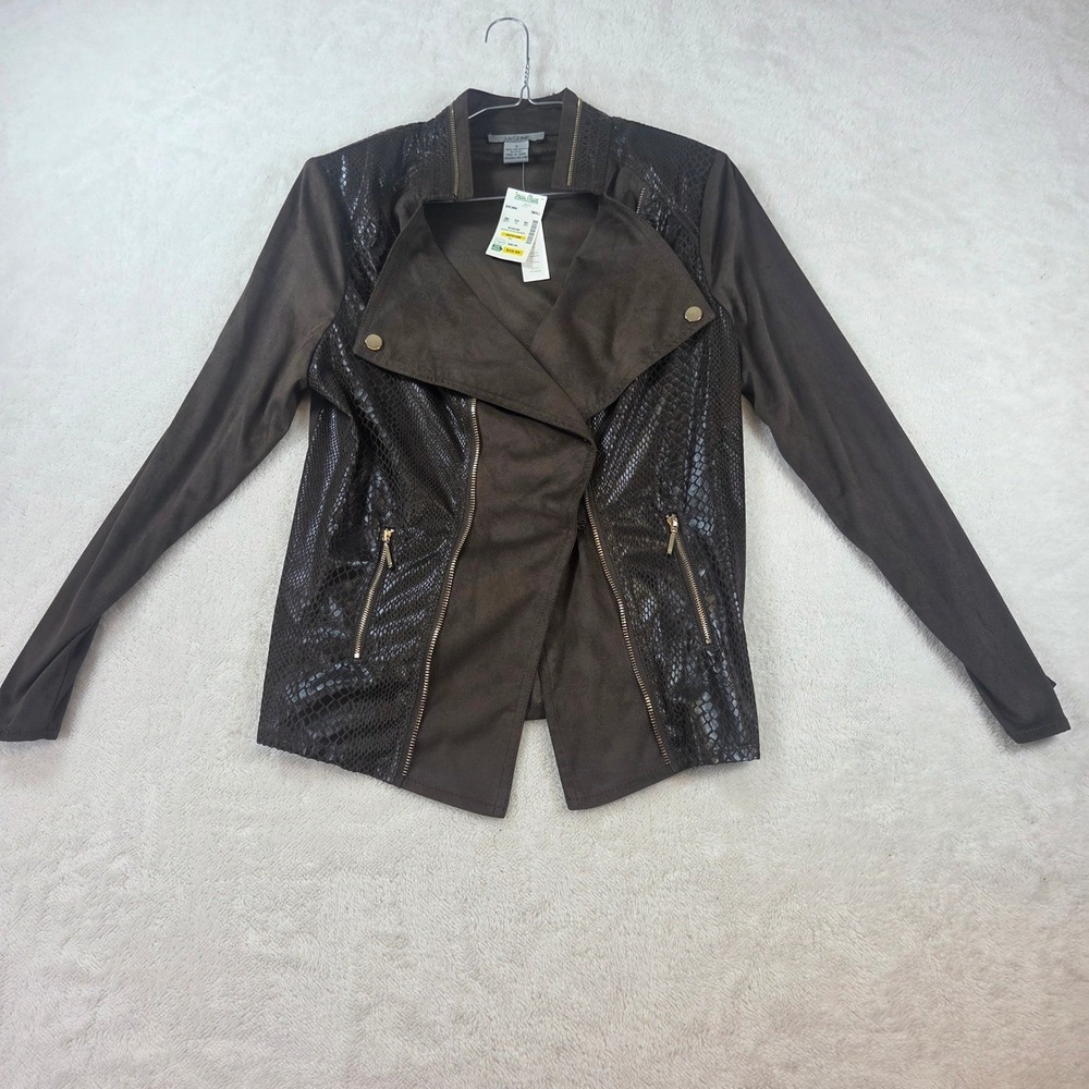 La Seine Womens Brown Faux Suede Snakeskin Moto Jacket Small NWT W7362SM